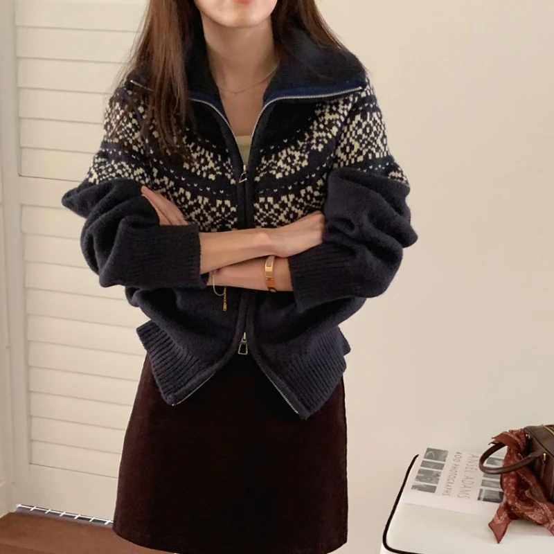 2025 Autunno e Inverno Moda Nuove Donne Elegante Cardigan di Cachemire Lavorato a Maglia Jacquard Retro Cerniera Addensato Maglione Caldo