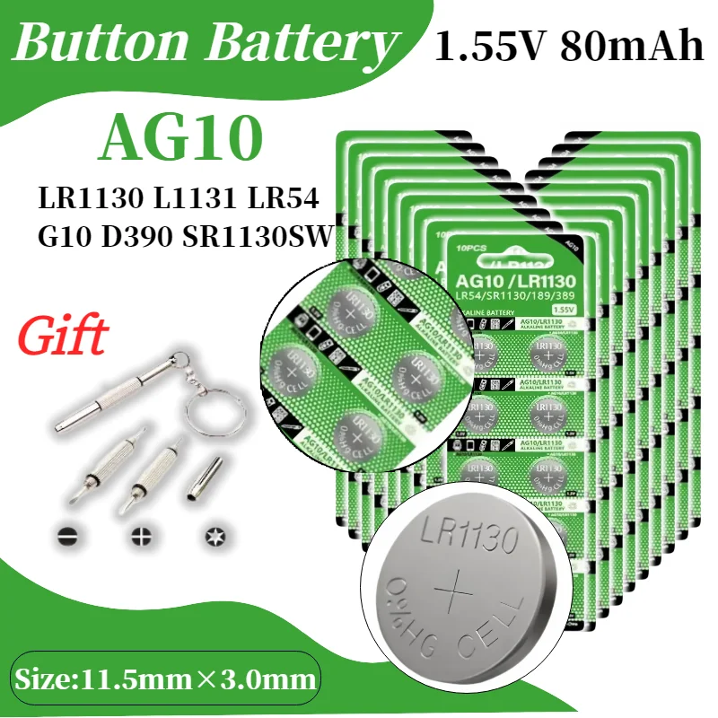 

LR1130 AG10 Button Battery 1.55V Alkaline Also Equivalents SR1130 389A LR54 L1131 for Watch Hearing Aid Flashlight Toys Calendar