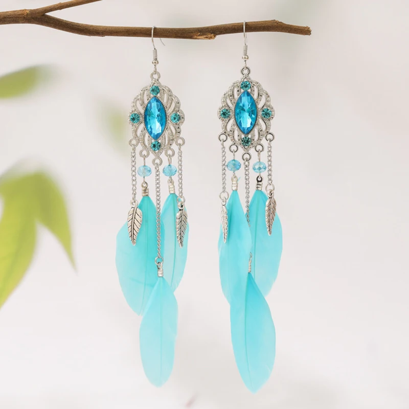 Fashion Temperament Bohemian Feather Earrings for Women Long Crystal Leaf Vintage Earring Female Wedding Party Jewelry