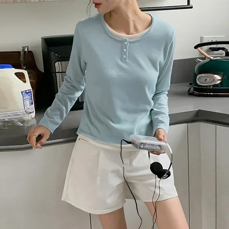 

Contrast Color Fake Women T-shirt Knitwear Autumn Clothes Causal Round Neck Long Sleeve Base Top Lady Pullover Pink Blue T Shirt