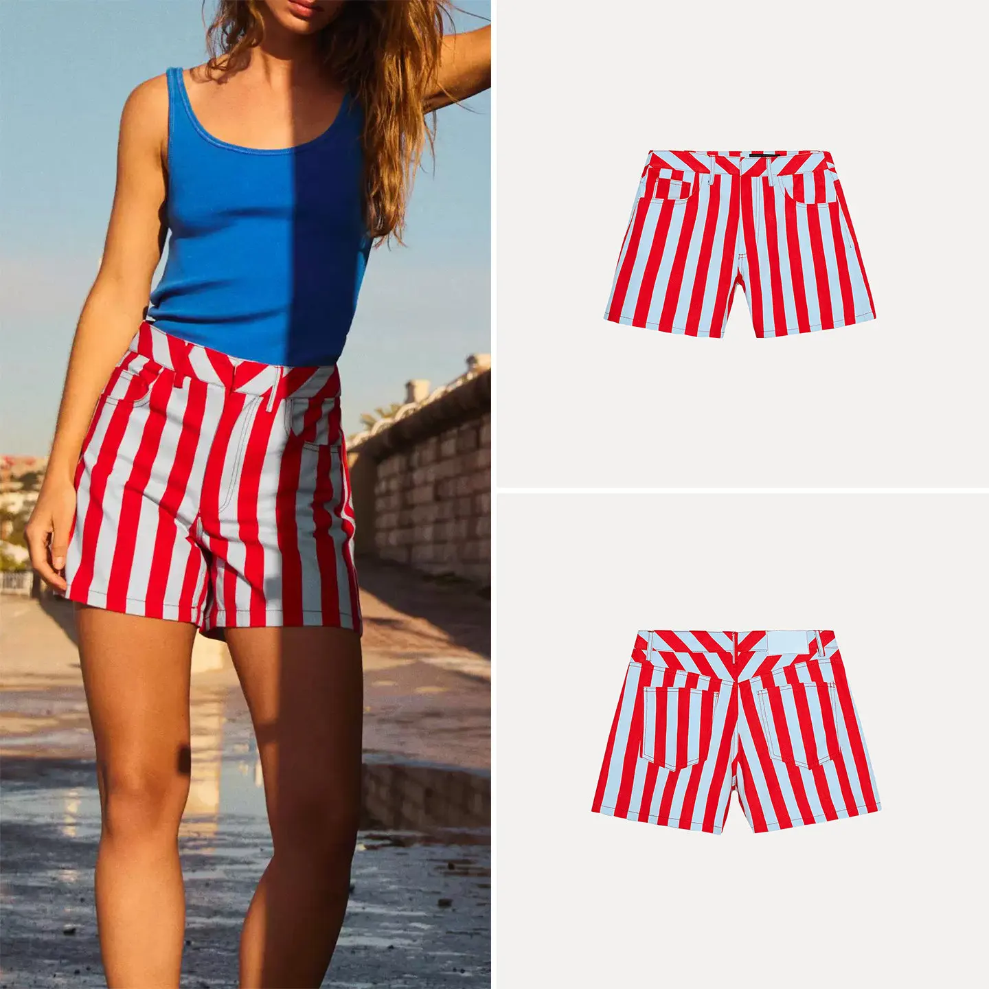 

High Waist Striped Color Block Island Casual Shorts Women's Summer 2026 New Style Straight Leg Pants Natural Waist Other Mate...