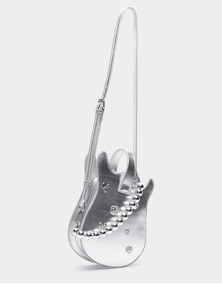 Original Metal Chain Bead Rivet Crossbody Mini Backpack Instrument Guitar Bag Heart-shaped Sparkling Diamond School Backpack