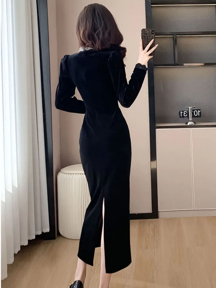 Women Hepburn Luxury Design Slim Bodycon Midi Long Party Night Dresses Vintage Elegant Sheath Black Velvet Prom Robe Autumn