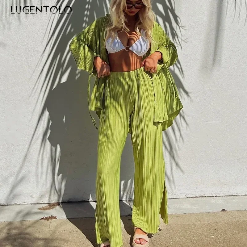 Women Pleated 2-piece Set Bright Color Princess Sleeve Roll-neck Shirt Slit Wide-leg Pants High Street Party Trendy Attire