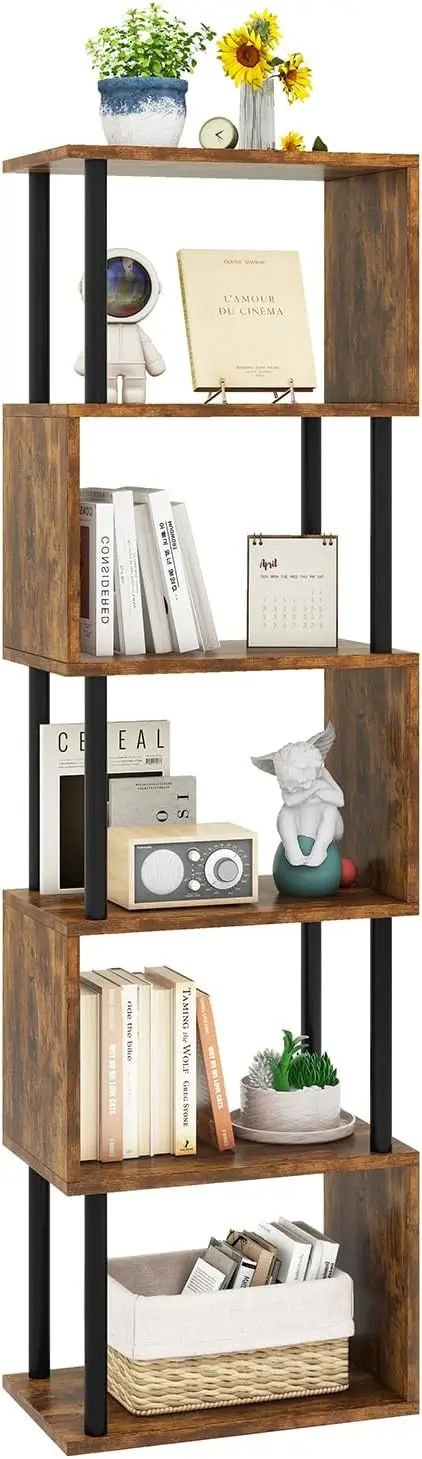 

6-Tier S-Shaped Bookshelf, Wood Display Shelves, Industrial Storage for Living Room, Bedroom, Rustic Brown WBC016H