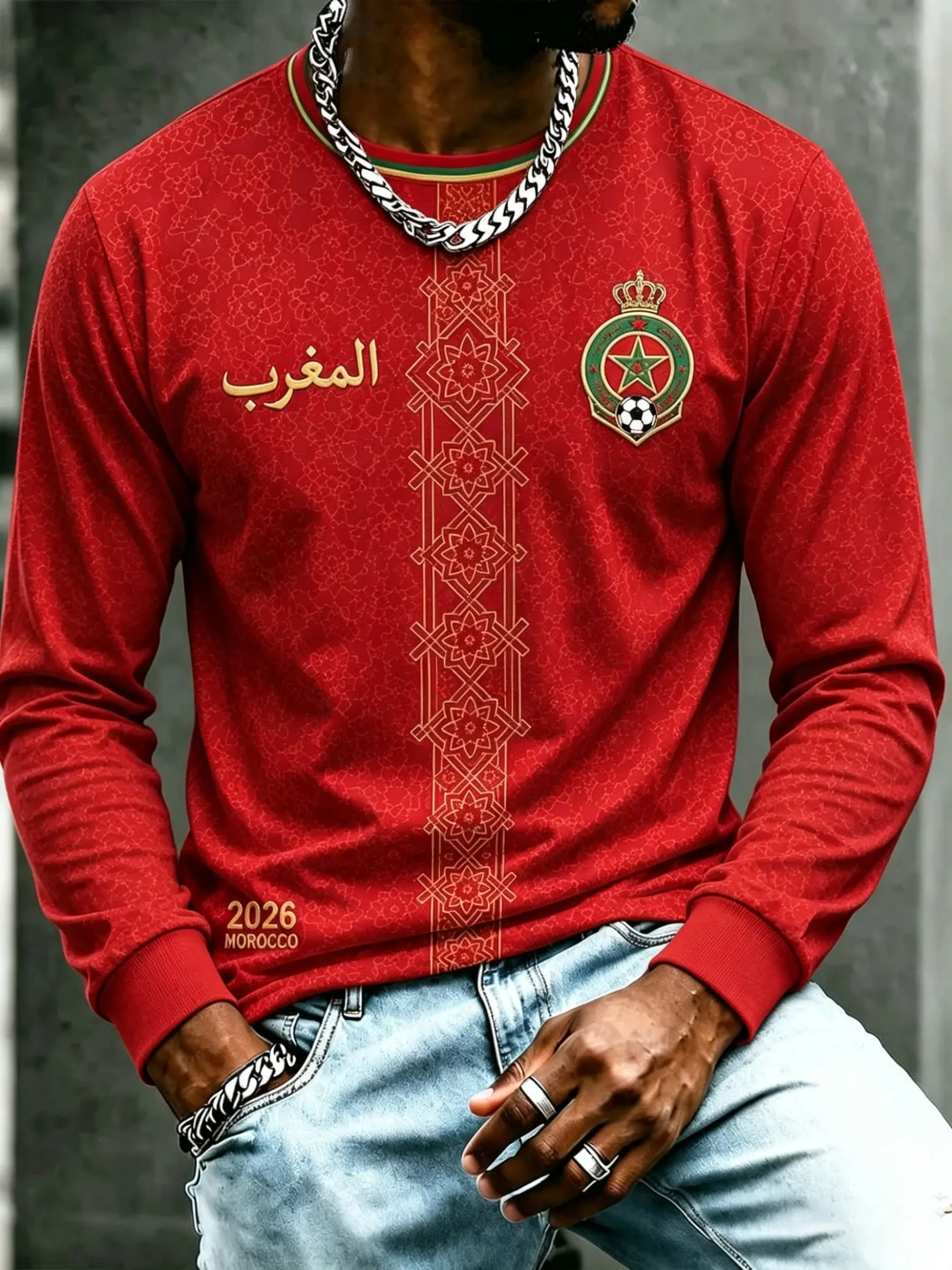 T-shirt à manches longues col rond Maroc 2026 imprimé 3D, décontracté, respirant, séchage rapide, polyvalent et tendance