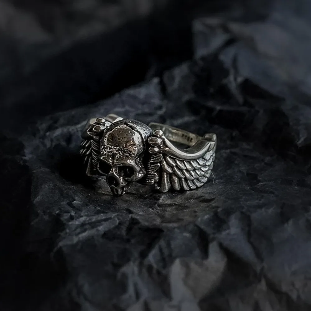 New Simple Creative Trend Street Niche Men and Women Retro Nostalgia Punk Hip-hop Personality Wings Skull Open Ring Accessories