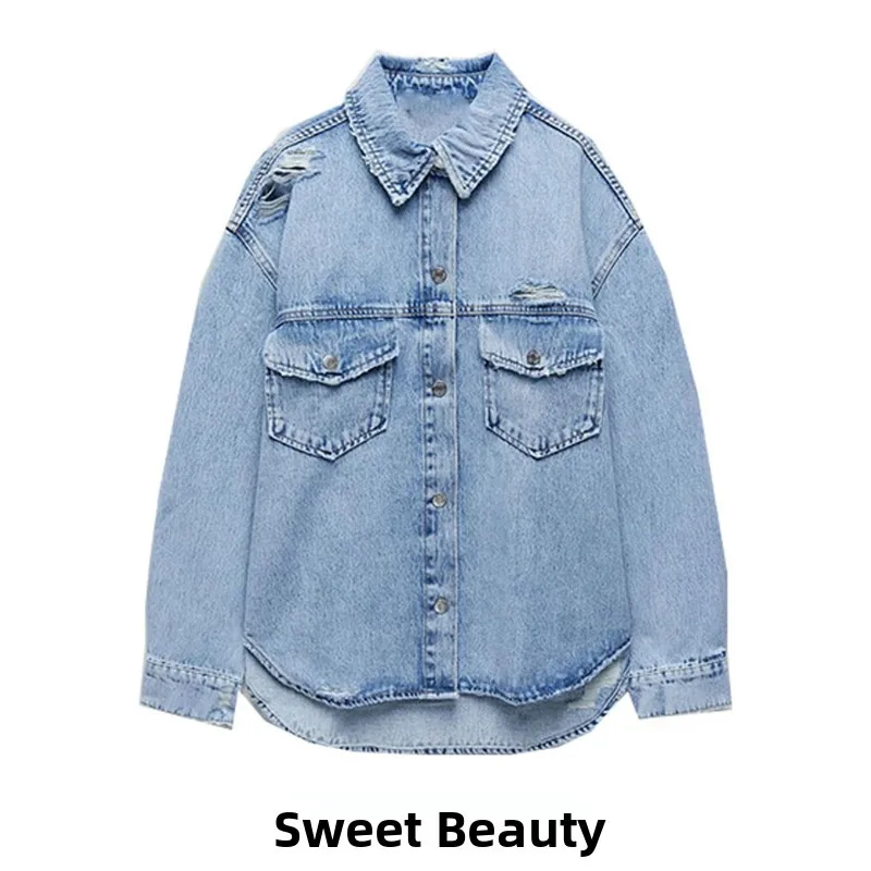 

Джинсовая куртка в стиле ретро Hong Kong Sle, женская весенне-осенняя новинка, длинная верхняя одежда с отверстиями в стиле свек для поездок на работу Sle