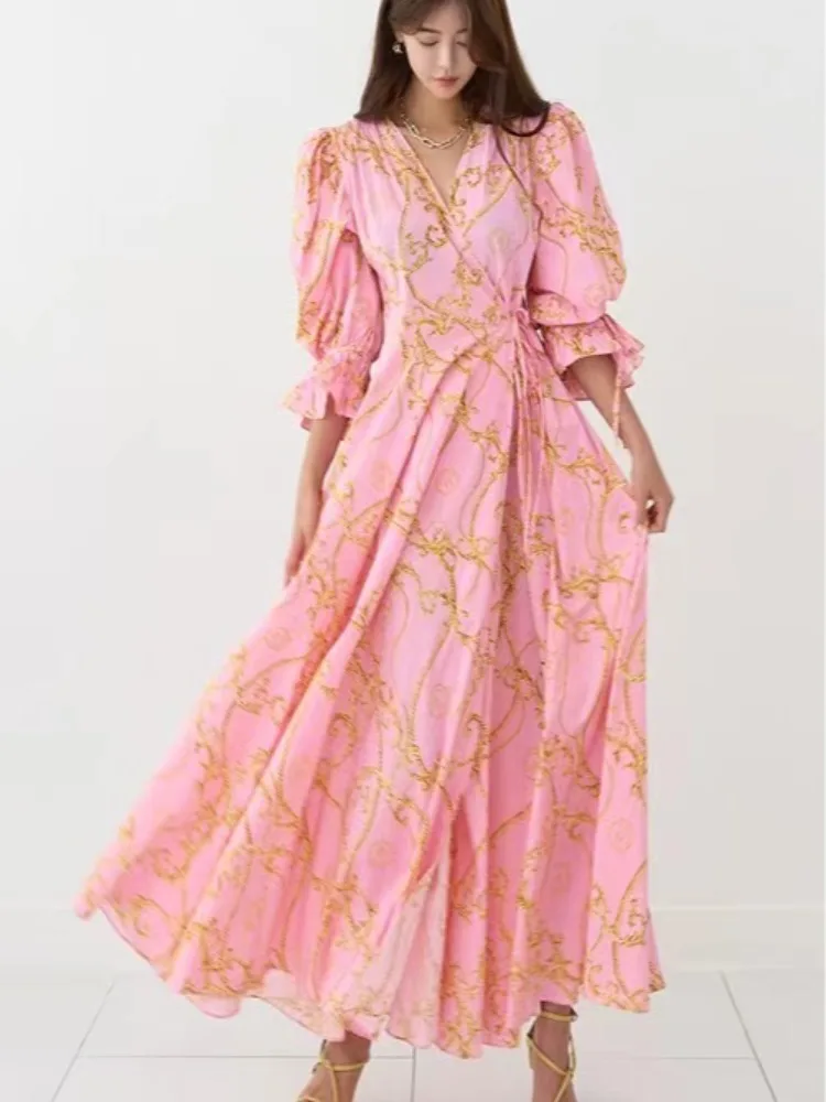 한국 시크한 여름 프렌치 슬레 우아한 레이디 이브닝 원피스, 레이스업 웨이스트 허깅 로우 칼라 롱 원피스 