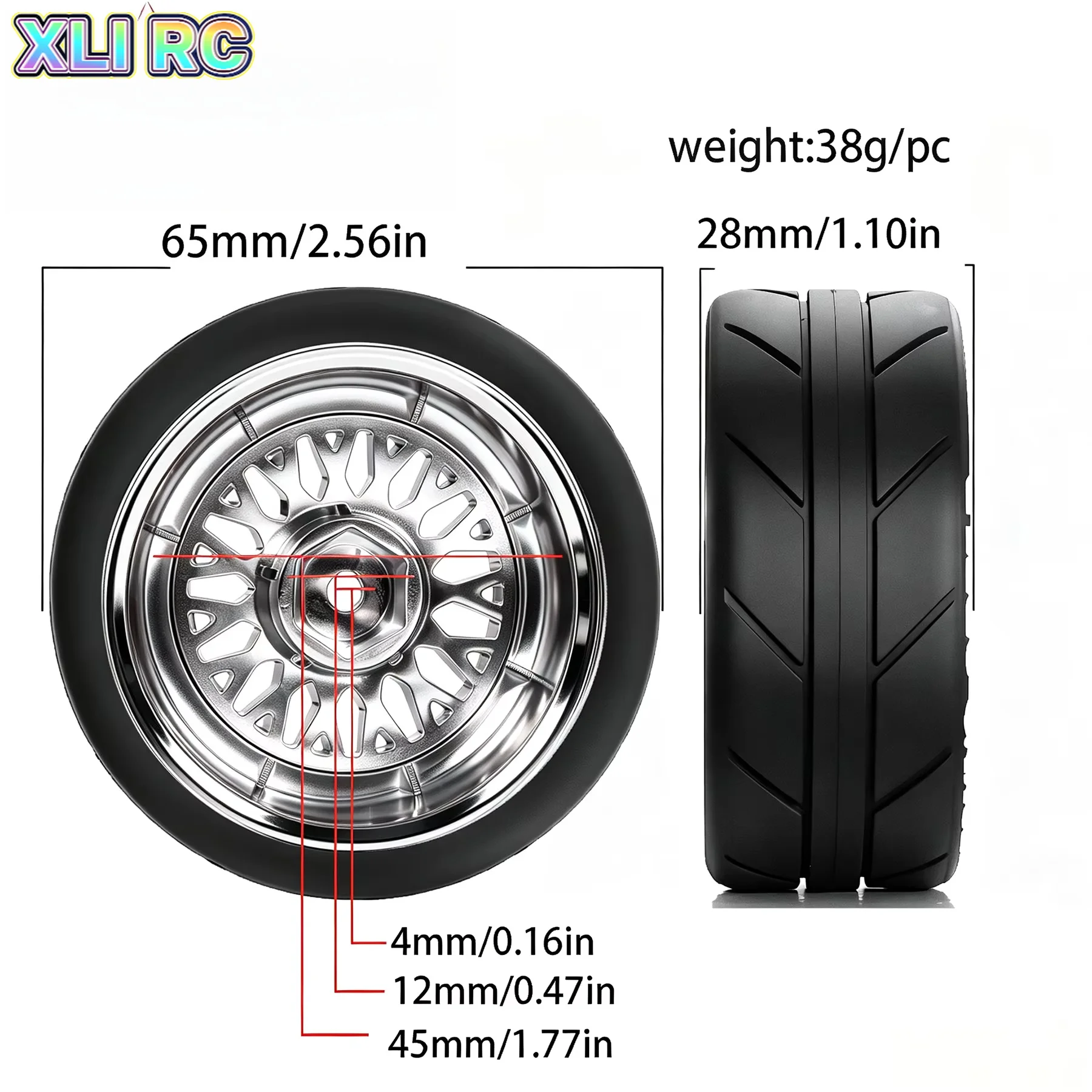 4PCS 65mm Rubber Tires & Plating Plastic Wheel Rims Replacement Parts for 1/10 RC On‑Road Touring Racing Car Upgrade Accessories