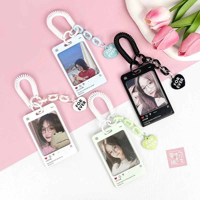 INS Photocard Holder Acrylic Keychain Photo Card Protective Cover ID Student Cards Case Anti-loss Rope Photo Sleeves