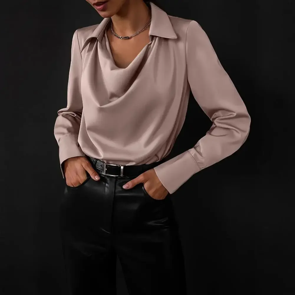 

For Daily Wear Spring Women Blouse Lapel Swing Collar Long Sleeve Shirt Top Solid Color Loose Fit Office Tops Women's Clothing