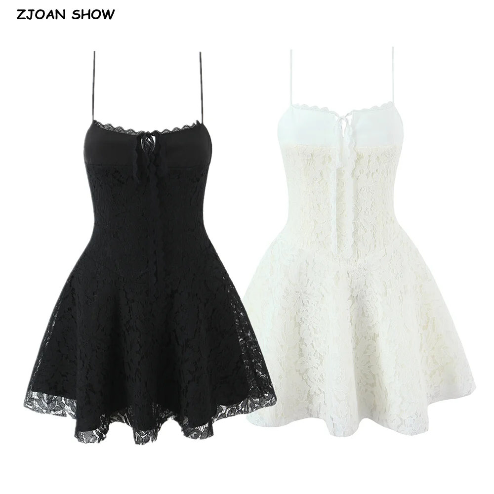

Сексуальное белое мини-платье с кружевными вставками и сеткой, женское, с бантом, V-образным вырезом, низкой талией, расклешенное, А-силуэт, короткое, черное