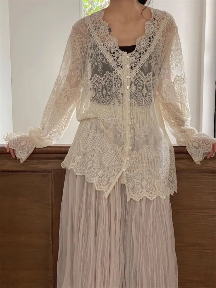

Women's Beige Transparent Lace Shirt Elegant V-neck Long Sleeve Button-Up Cardigan Boho Style Summer Jacket Cover Up Clothes