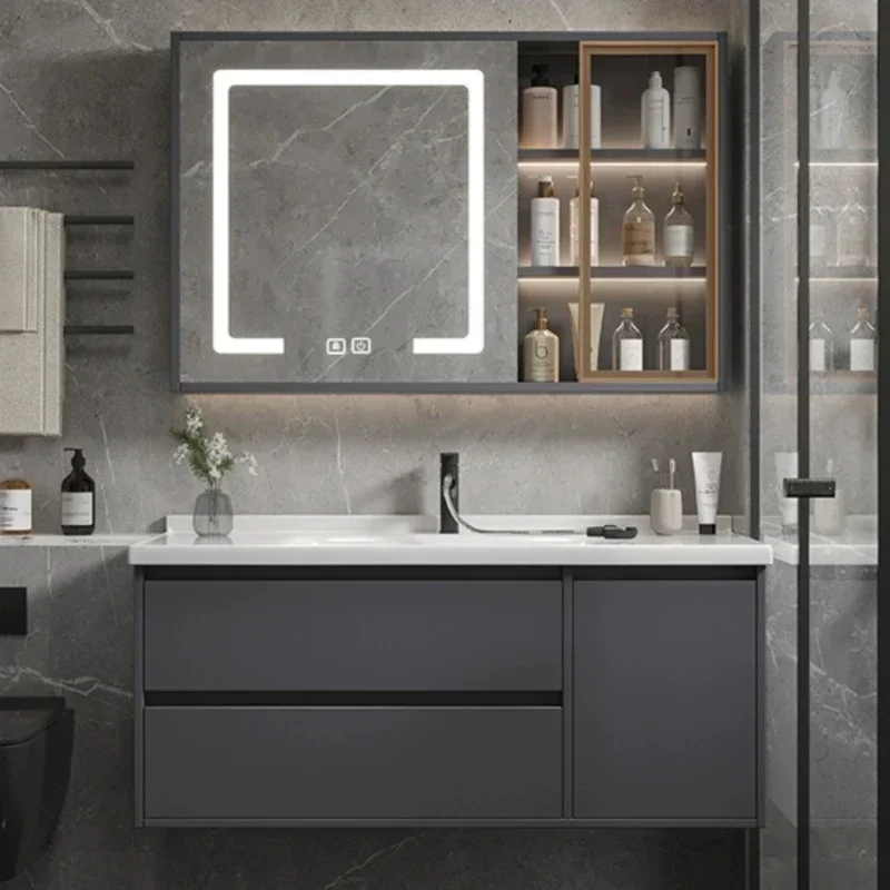 

Light Luxury Ceramic Integrated Hand Wash Basin Washbasin Bathroom Cabinet Combination Modern Simple Solid Wood Furniture