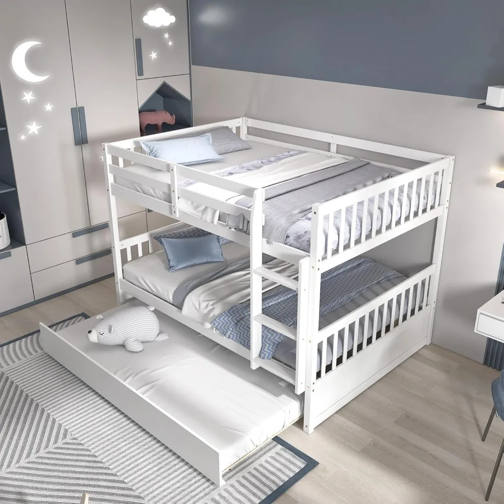 Full Over Full Bunk Bed with Trundle, Solid Wood Bunk Bed Frame W/Guardrails and Ladder, Convertible To 2 Beds for Kids Teens