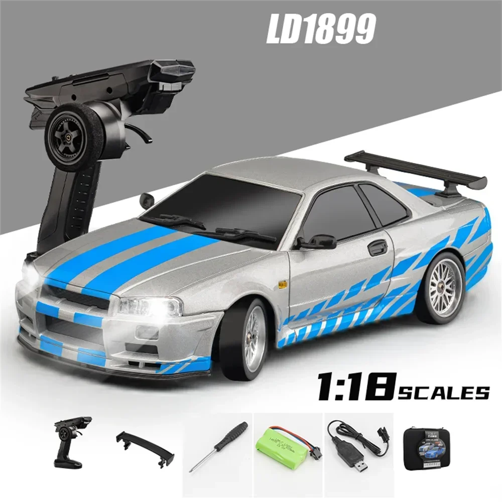 LDRC 1899 RTR 1/18 2.4G RWD RC Car Drift GTR R34 Gyro LED Light On-Road Full Proportional Alloy Body Shell Racing Vehicles M