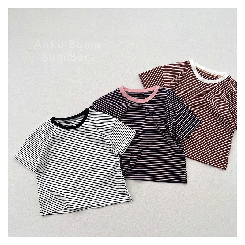

2025 летние новые детские полосатые футболки для мальчиков, тонкая футболка с короткими рукавами, хлопковые универсальные свободные топы для маленьких девочек, детская повседневная футболка