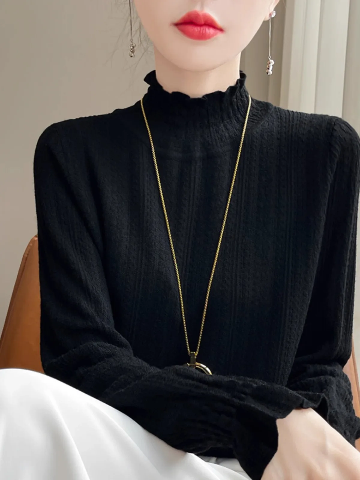 Ele Lace Base irt dames zoete dunne lange Sve f hoge kraag lange Sve top zacht ontwerp sensatie kleine fraan...