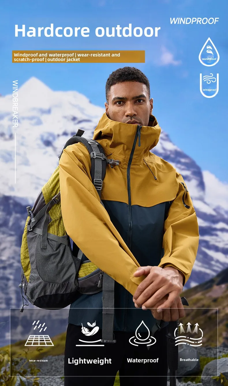 Herbst- und Winter-Hardshell-Windbreaker Winddichte Regenfeste Atmungsaktive Outdoor-Wander- und Bergsteiger-Skijacke mit Kapuze – Detail 1