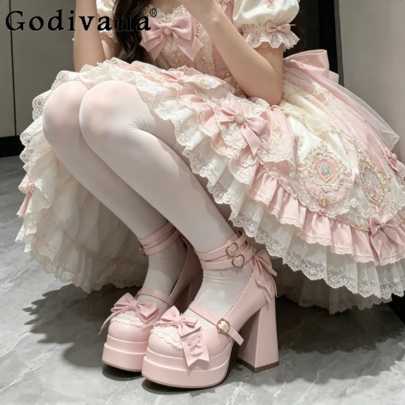 

Sweetheart Girl Japanese Original Lolita High Heels Cute Bow Round Head Thick Heel Waterproof Table Women's Single Shoes