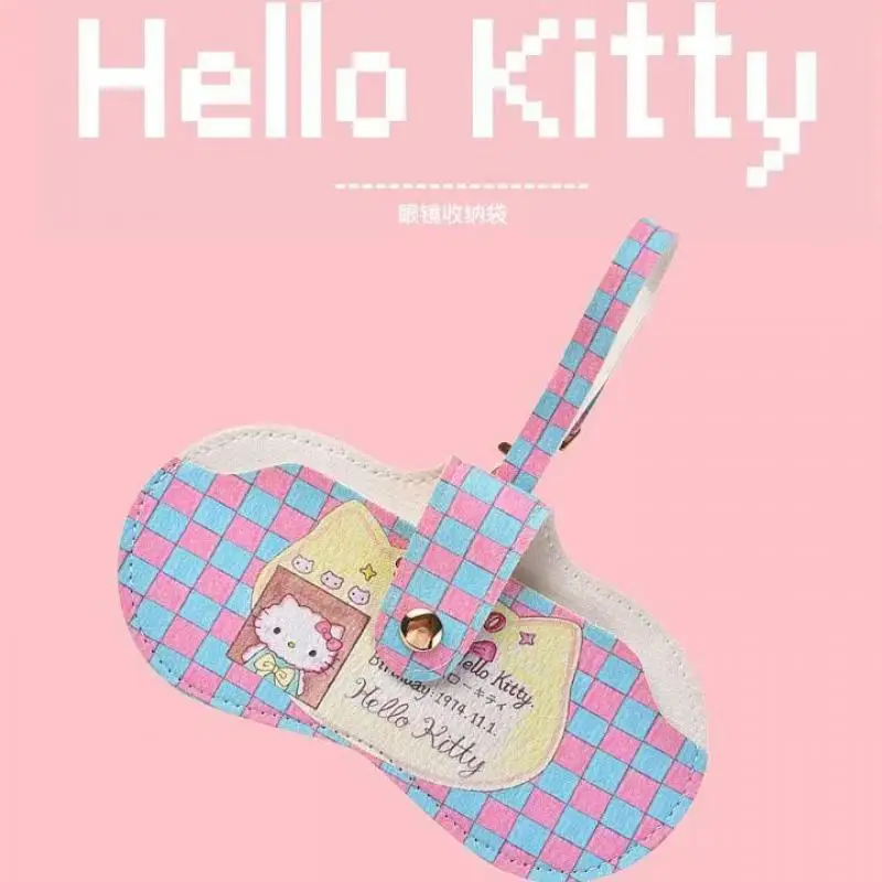 

Cute Sanrio Hello Kitty Blue Pink Grid Cartoon Glasses Bag Lovely Sunglasses Myopia Glasses Storage Box Anime Birthday Present