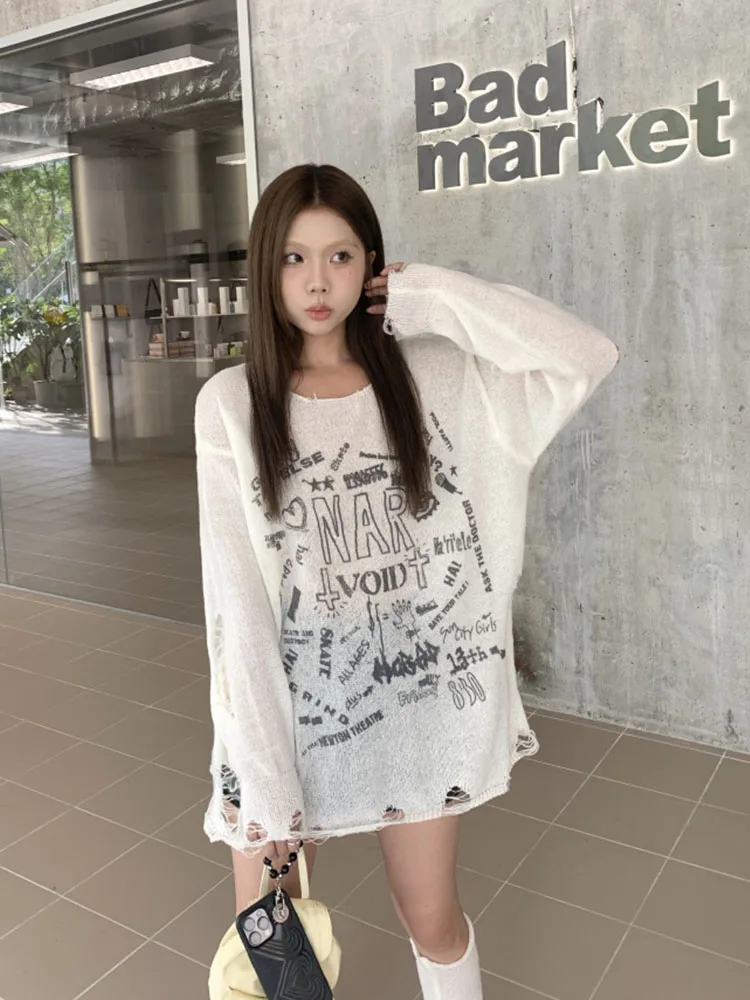 High Street Casual T-Shirts Slim Fuff Sleeve Hollow Out V-Neck Tees 2000s Aesthetic Crop Top Streetwear Women Fashion Oversized