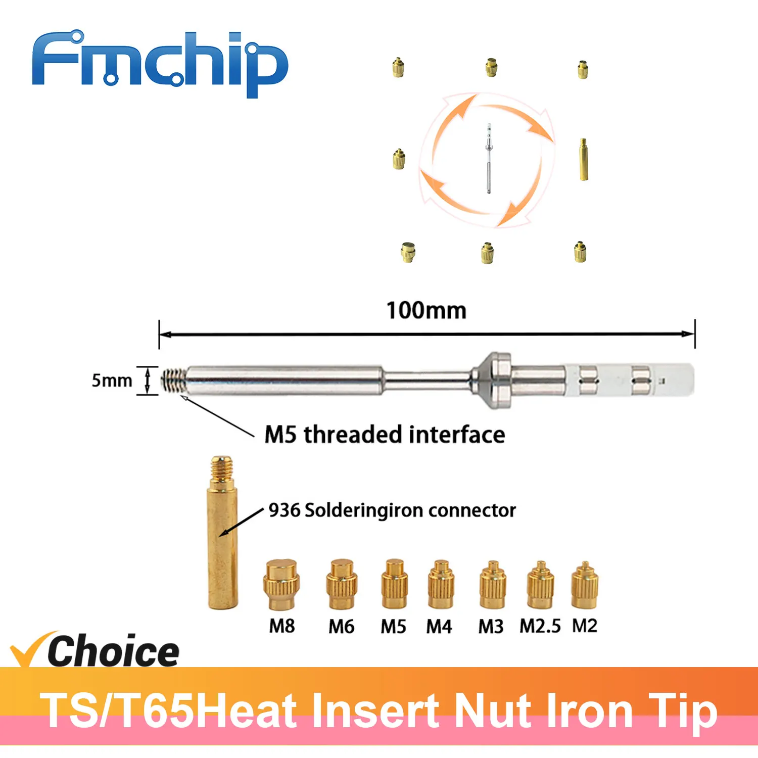 

TS T65 TIP Thread Head Heat Insert Nut Iron Tip - 3D Implanted Hot Melt Brass Kit (M2-M8) for TS100/TS101/PINE64 Soldering Iron