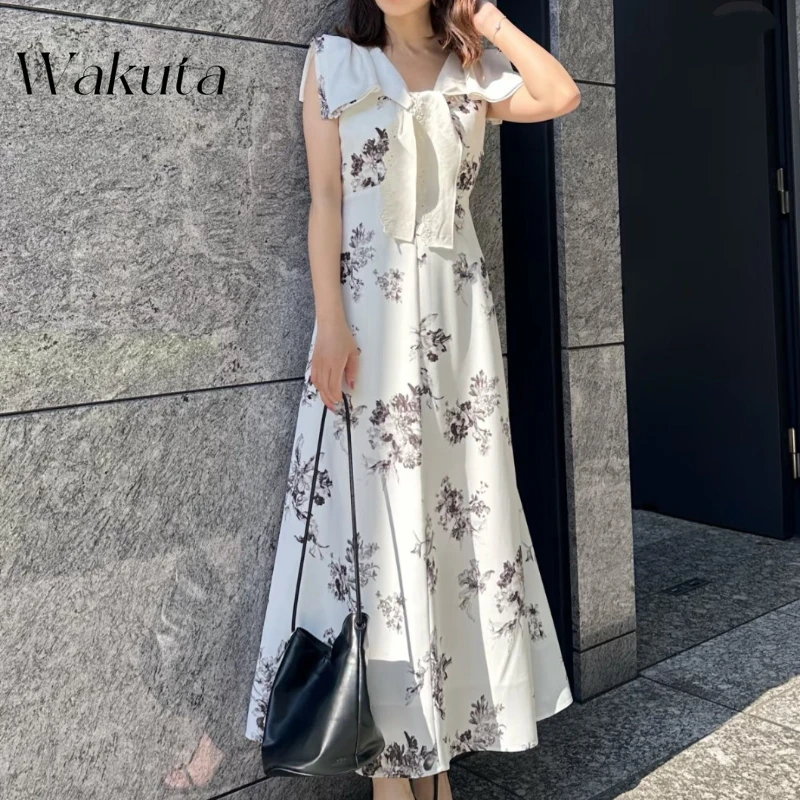 

WAKUTA Japan Chic Sailor Collar Elegant Dress Women Elegant High Waist Slim Fit A-line Midi Robe Female Summer Fairy Vestidos