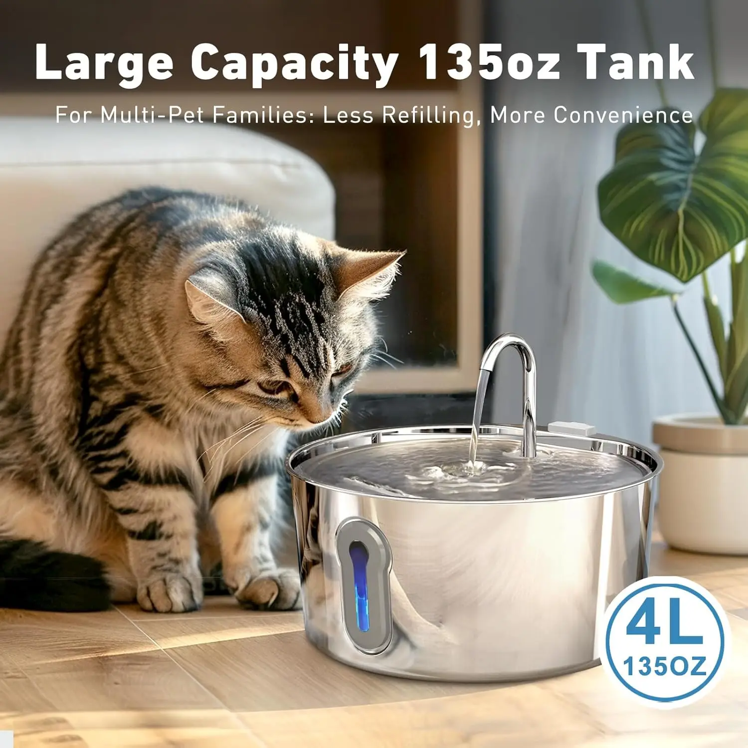 Stainless Steel Cat Water Fountain, 135oz/4L Automatic Pet Fountain Dog Water Dispenser  for Cats Dogs Multiple Pets