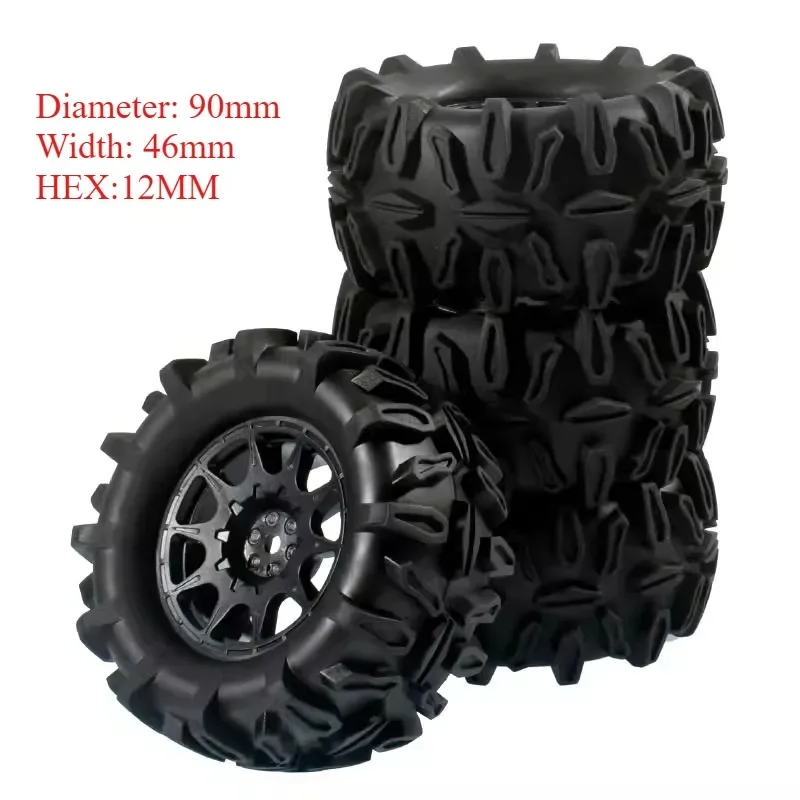 

4PCS 90mm RC Monster Truck Tires Wheels 12mm Hex for Trxs E-Revo MJX 16207 16208 1/16 HBX Upgrade Parts Off-Road Buggy