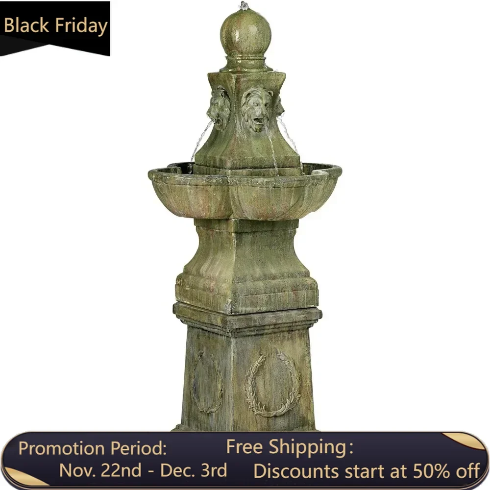 

Rustic Outdoor Floor Tiered Water Fountain 54" High Bubbler Lion Heads for Garden Patio Backyard Deck Home Lawn Porch House