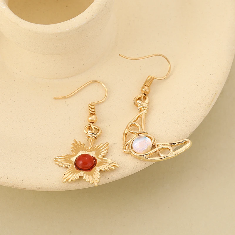 

Богемные серьги с солнцем и луной, женские серьги с драгоценными камнями, асимметричные винтажные ювелирные изделия, подарок, подходящий для пляжного отдыха, праздничной одежды