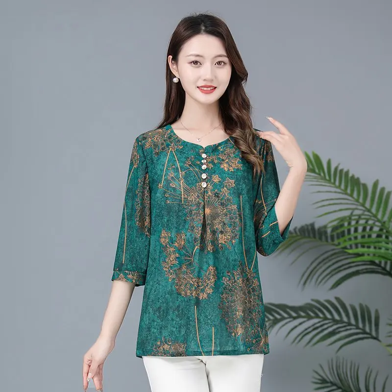 Spring summer Blouse Women Flower Printing Top Middle Aged Woman Casual v Collar Half sleeve Blouses Plus size