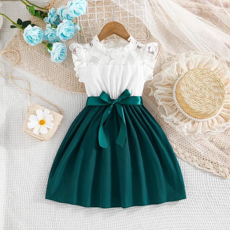 Vestido para crianças de 4 a 7 anos, aniversário, renda, manga com babados, botão, costas, vestidos de princesa, ootd para bebês meninas