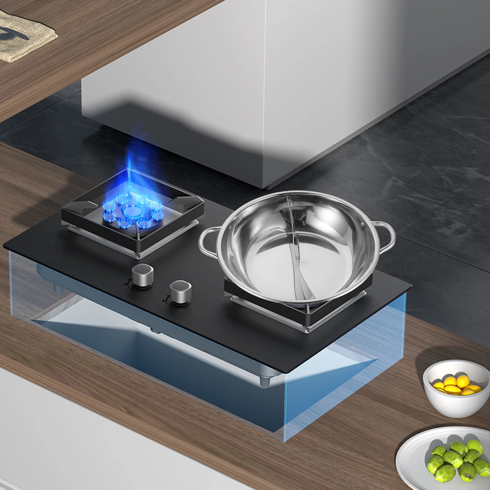 

14 Inch Stainless Steel Divided Hot Pan Dual Flavor Cooking For Induction Gas Stove Two-Flavor Soup Pot Chinese Traditional