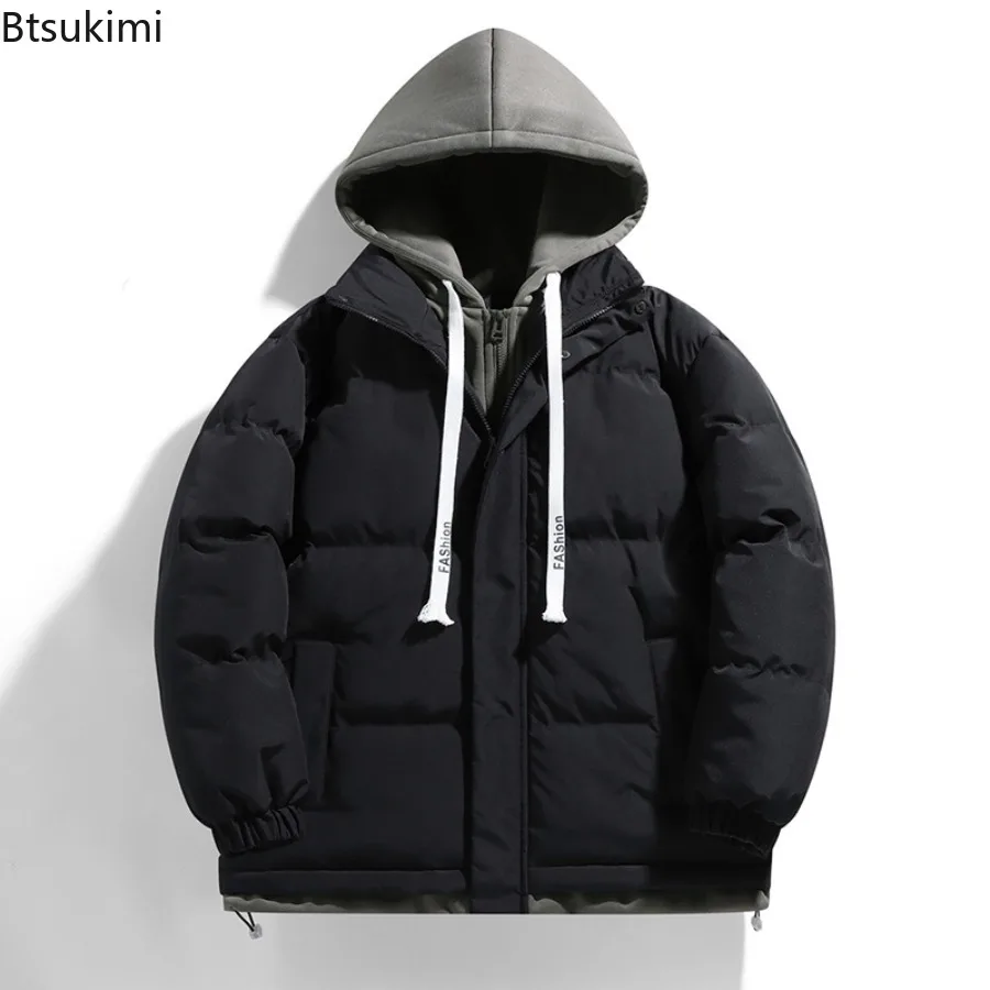 New Men's Hooded Parkas Thickened Warm Casual Coats Winter Jackets Hip Hop Streetwear Male Fake Two Pieces Coldproof Outerwear