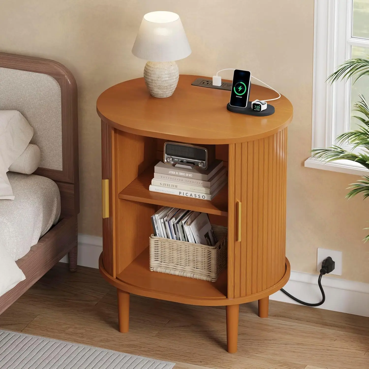 

Mid Century Modern Nightstand With Charging Station, Fluted Accent Side Table With Sliding Door & Adjustable Shelf,, Customized