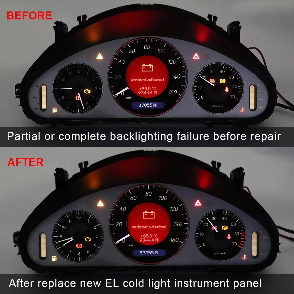 160MPH Weiß-Schwarzes Zifferblatt mit EL-Kaltlicht-Overlay für Mercedes W211 E320 E350 E500 E55 E63 W209 C219 Instrumentencluster – Detail 3