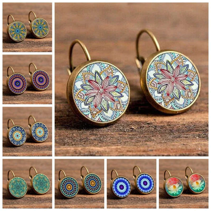 Hot Selling Pop Jewelry Dome Glass Alloy Earrings Datura Style Pattern Retro Fashion Gift