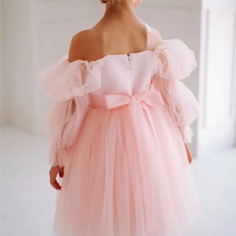 Baby Girl Princess Off Shoulder Tutu Bow Dress Child Puff Sleeve Vestido Party Wedding Pageant Birthday Baby Clothes 1-12Y