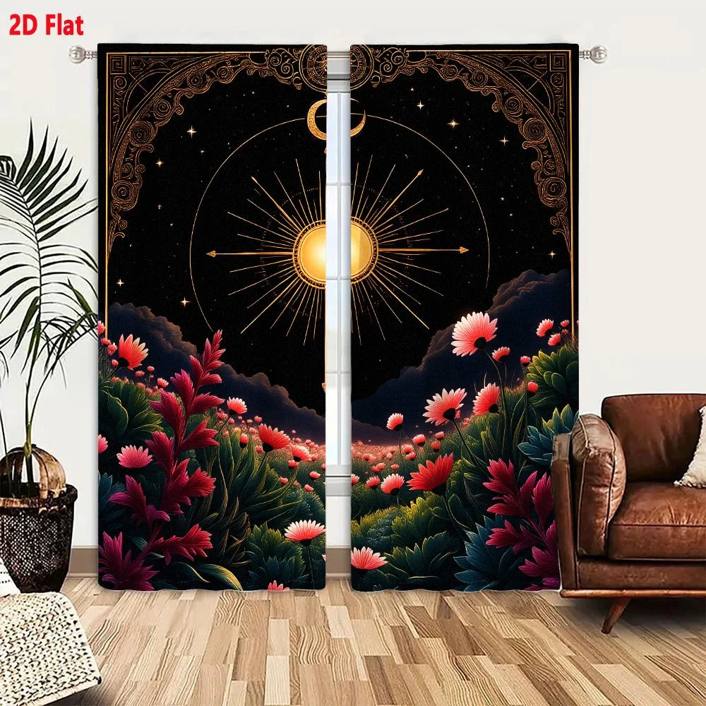 2Pcs Curtains 2D Flat Vibrant Surreal Landscape Starry Night Sky Golden Sun Crescent Moon Baroque Arch Lush Flower Field Pink Re