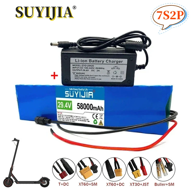 Original 24 Volt Battery 25.2V 58000mAh 7S2P 18650 Lithium Battery Pack 24V W/ Smart BMS for Electric Bicycle Moped + 2A Charger