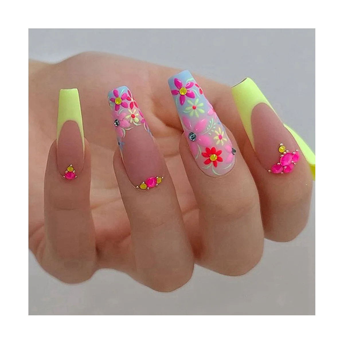 Rainbow Flower Applique Diamond Graffiti False Nails Long Coffin Nail Tip Detachable Press on Nails Manicure