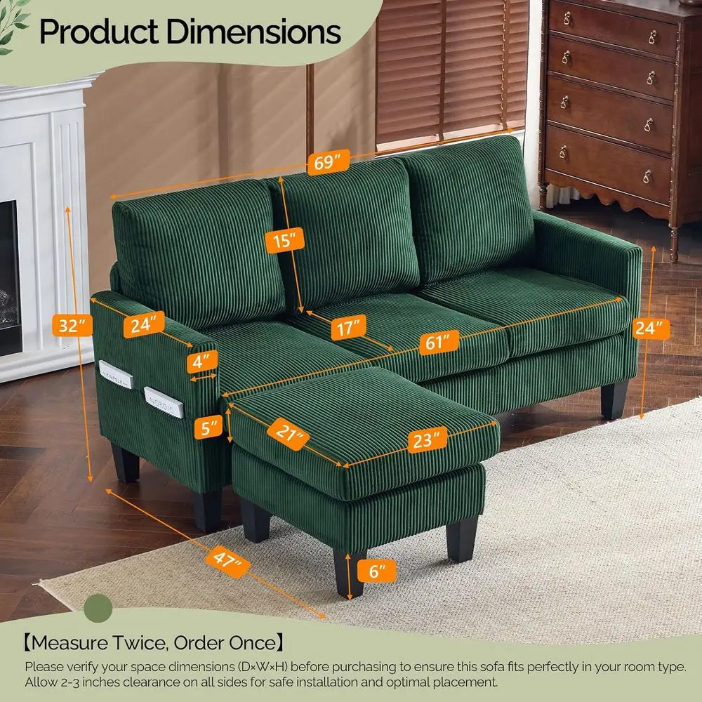 68.5' L Shaped Couch with Movable Storage Ottoman, Convertible Sectional Soa in Sot Corduroy abric, ern Reversible Chaise Couch