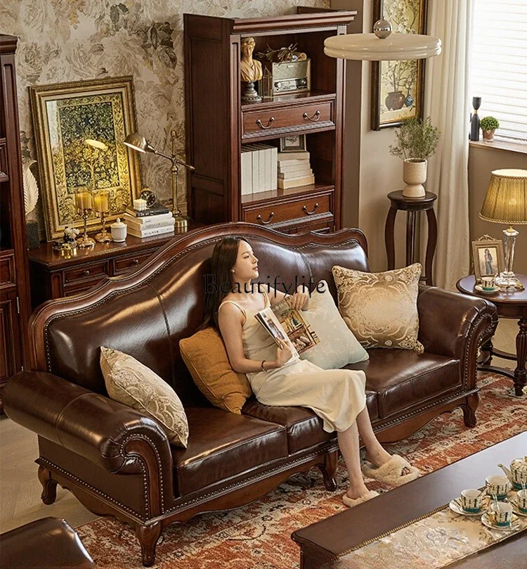 

LAmerican neoclassical gold silk teak all solid wood leather sofa combination