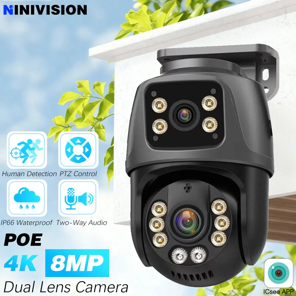 ICSee 8MP Dual Lens Dual Screen POE IP Camera Smart Home 360° PTZ Wired Network Video Surveillance Camera Human Detection CCTV