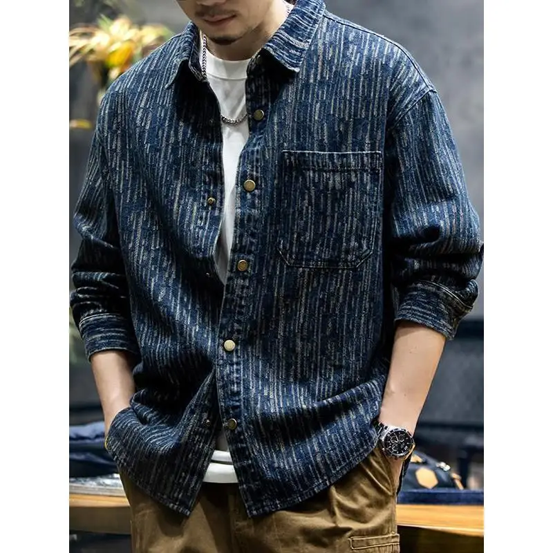 Men's Denim Shirt Trendy Brand Lightweight Luxury Embroidery Loose Washed Turn-down Collar Jacket Autumn Winter New Style