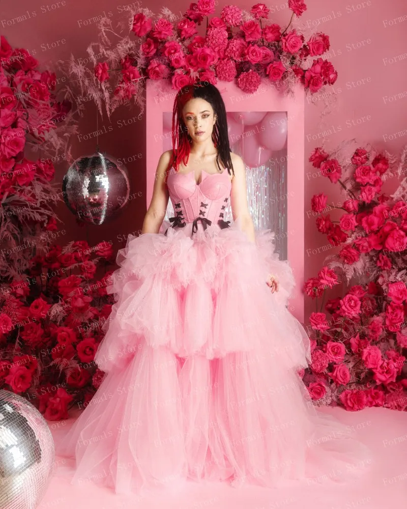 Chic Baby Pink Tulle Ball Gown Layered Ruffled Evening Dress With Lace-up Custom Made Woman Clothes Sleeveless Prom Gown