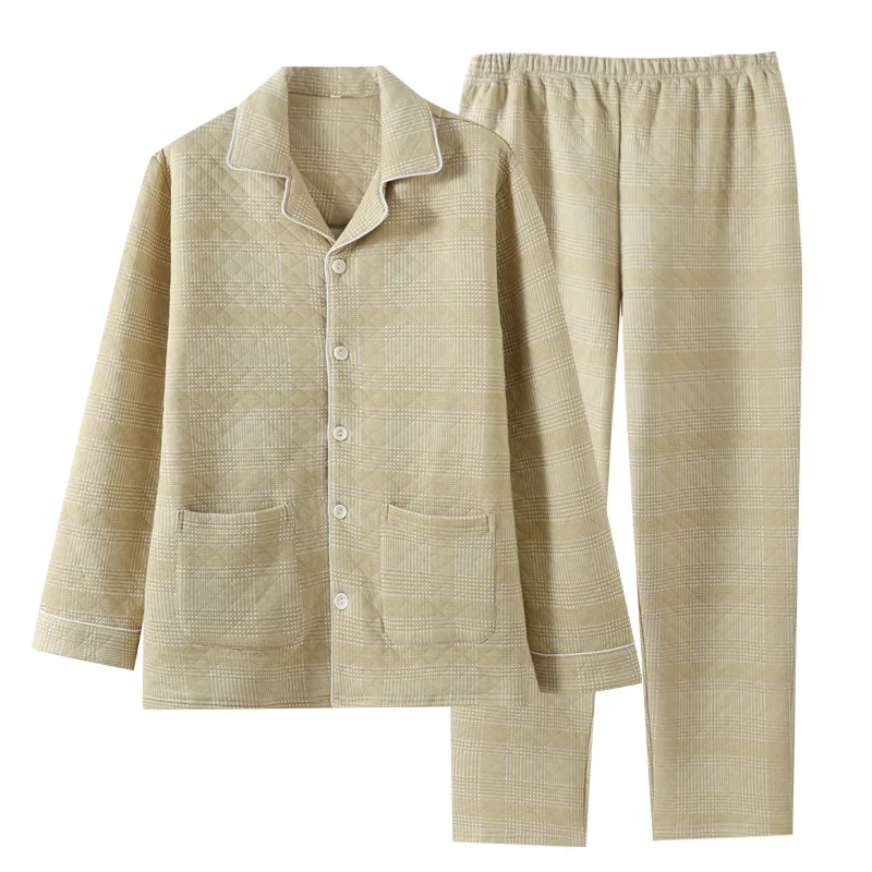 

Men's Pajamas Casual Plaid Quilted 100% Cotton Three-Layer Thickened Long-Sleeved Home Wear Set